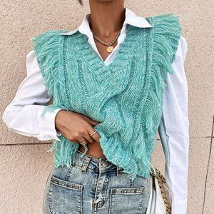 cable knit fringe trim sweater vest chic streetwear